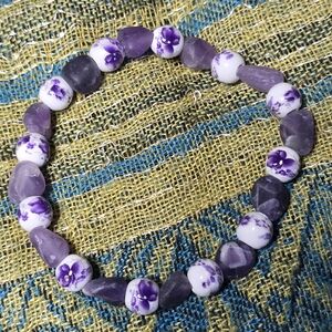 Purple Floral Bead Stretch Bracelet - Women's Fashion Jewelry